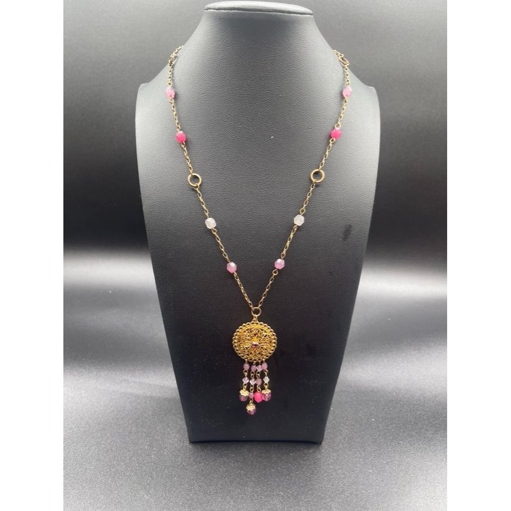 Baked Beads Lariat Filigree Drop Disc Gold Tone 34 in Necklace